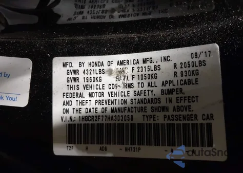 2017 Honda Accord Ex из США, поврежденный, VIN 1HGCR2F77HA303058